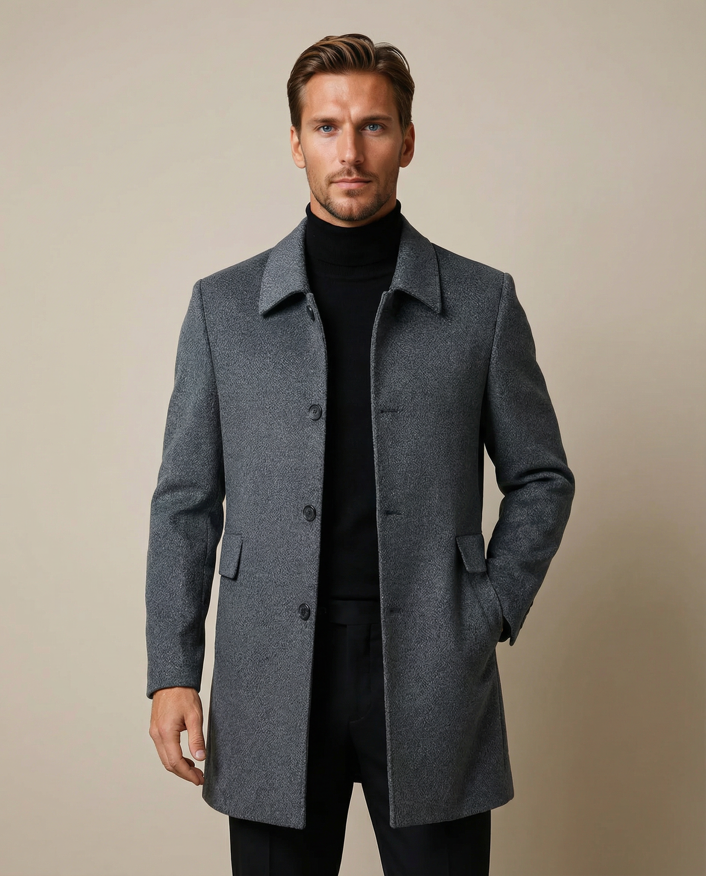 Cappotto Uomo Invernale Aderente con Bottoni Nascosti – Design Elegante e Strutturato