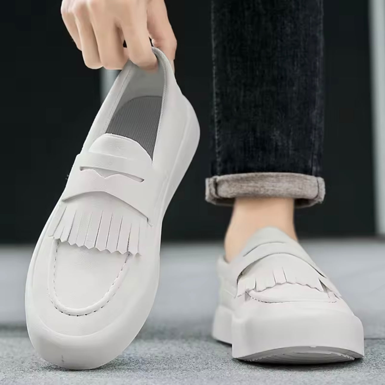 Men's Suede Slip-On Moccasins with Fringe and Padded Insole