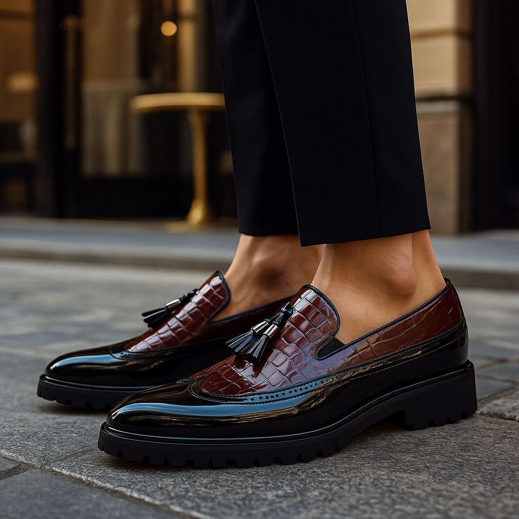 Men's Loafers with Crocodile Effect Upper, Tassels, and Hand Stitching