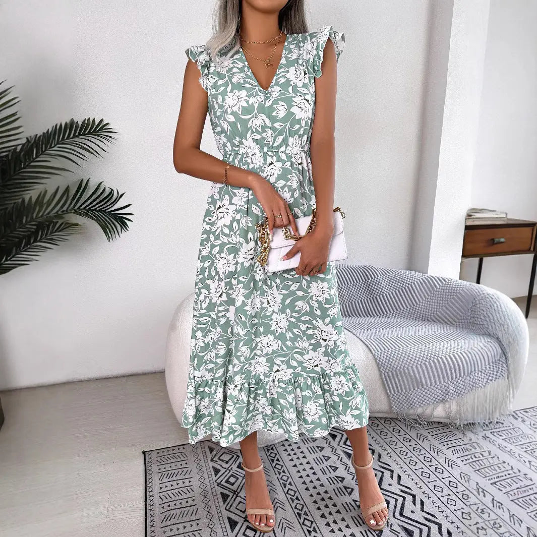 Women's Summer Midi Dress with V-Neck, Ruffled Sleeves, and Floral Pattern – Elegant and Versatile