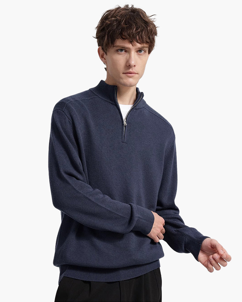 Herresweater med halv lynlås, høj hals, ribbede manchetter og kant – Strikstil