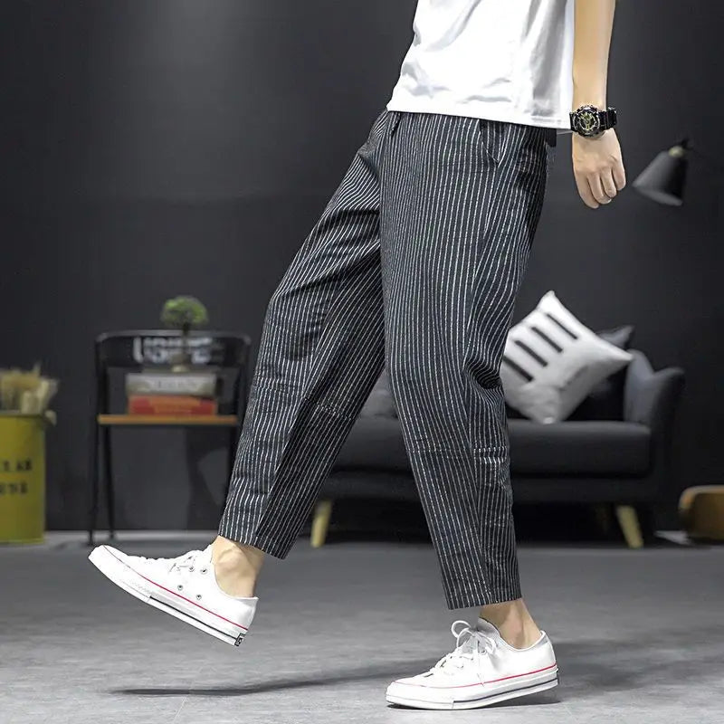 Pantaloni Da Uomo A Righe Sottili, Lunghezza Alla Caviglia, Vita Elasticizzata, Vestibilità Comoda