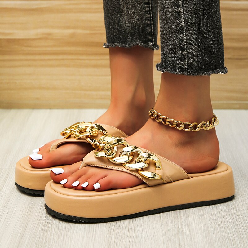 Women's Slip-On Ballet Flats with Decorative Chain – Rounded Toe and Flat Sole