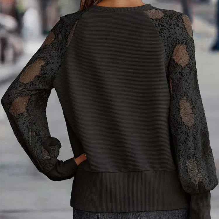 Maglione Donna Scollo a V Lavorazione a Coste Maniche in Pizzo Floreale