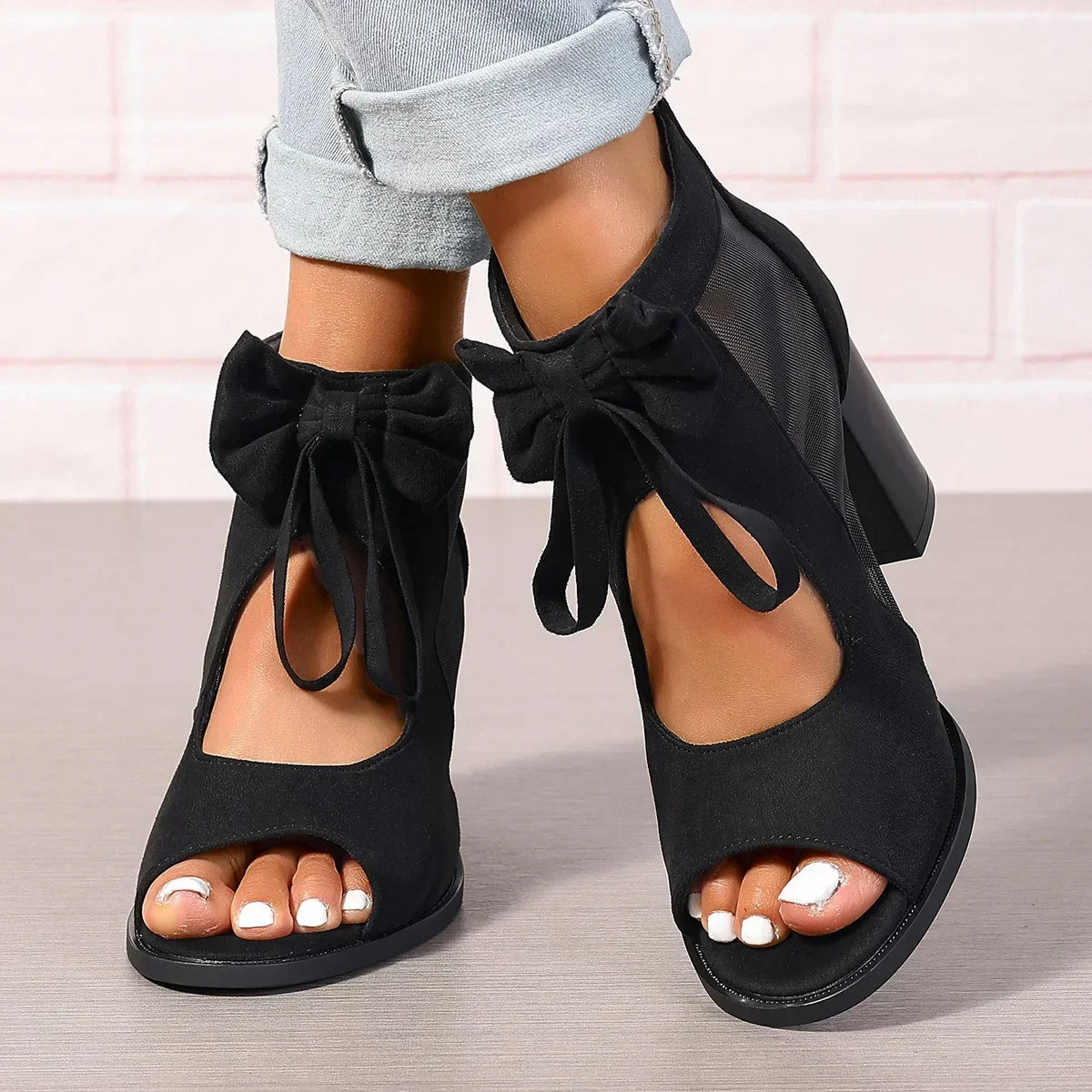 Women's Sandals with Heel, Bow, and Mesh Inserts – Back Zipper Closure