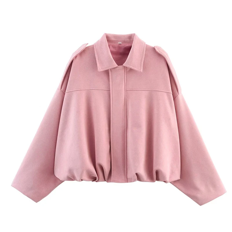 Giacca oversize rosa in lana, design moderno con spalle cadenti e colletto classico. Moda autunno inverno, abbigliamento donna elegante.