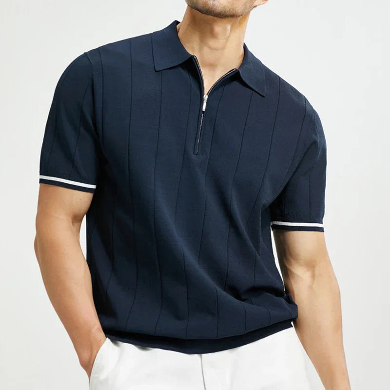 Men's Polo with Half Zip, Textured Stripe Pattern, Regular Fit