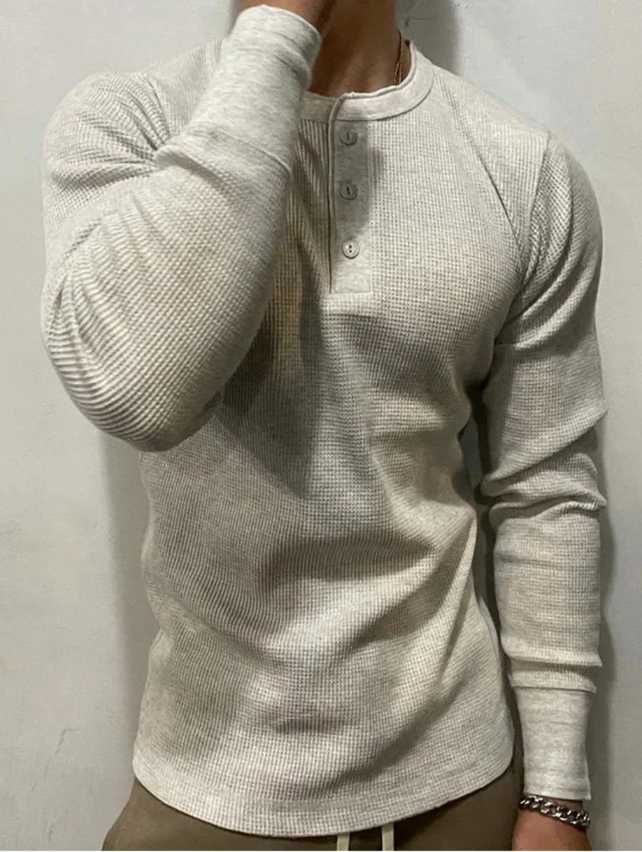 Maglietta da Uomo a Maniche Lunghe in Tessuto Waffle, Vestibilità Slim, Collo Henley, Pesante