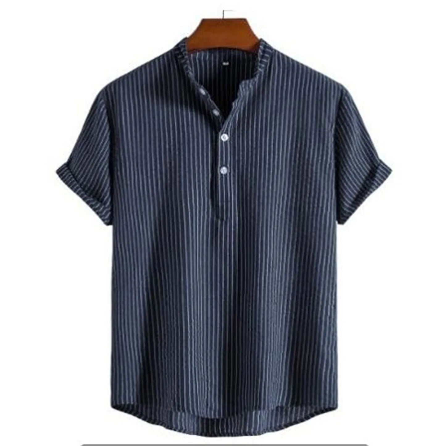 Camisa de hombre de manga larga con rayas y cuello mao – Ajuste cómodo y casual