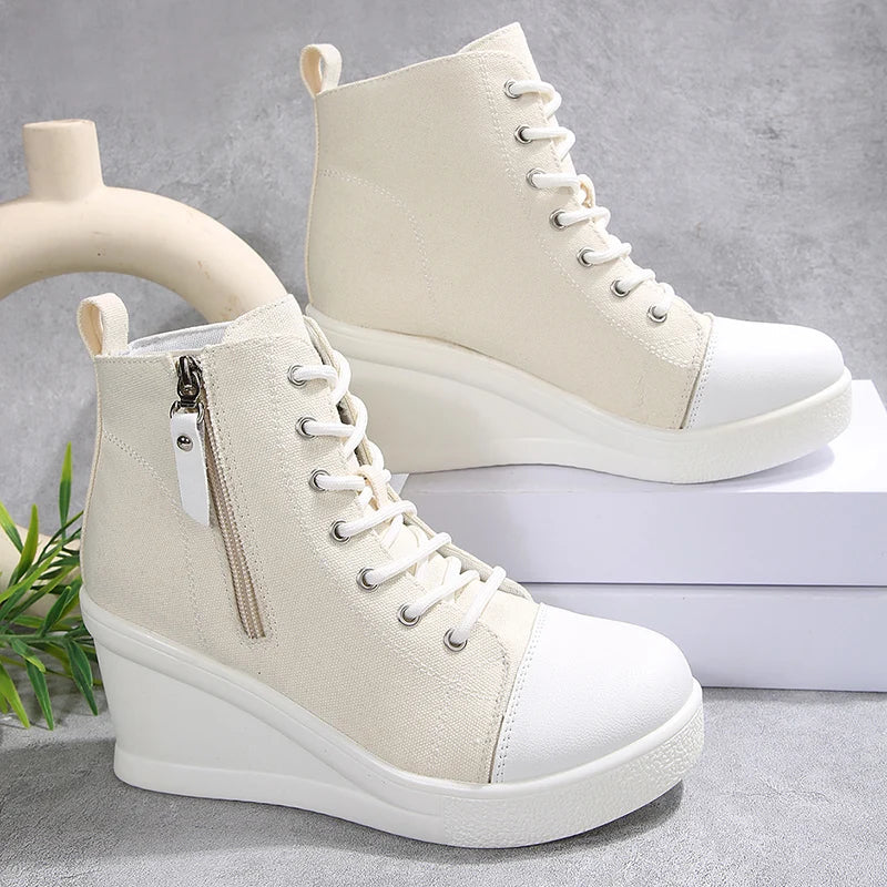 Women's Sneakers with Wedge, Side Zip, and Front Lacing