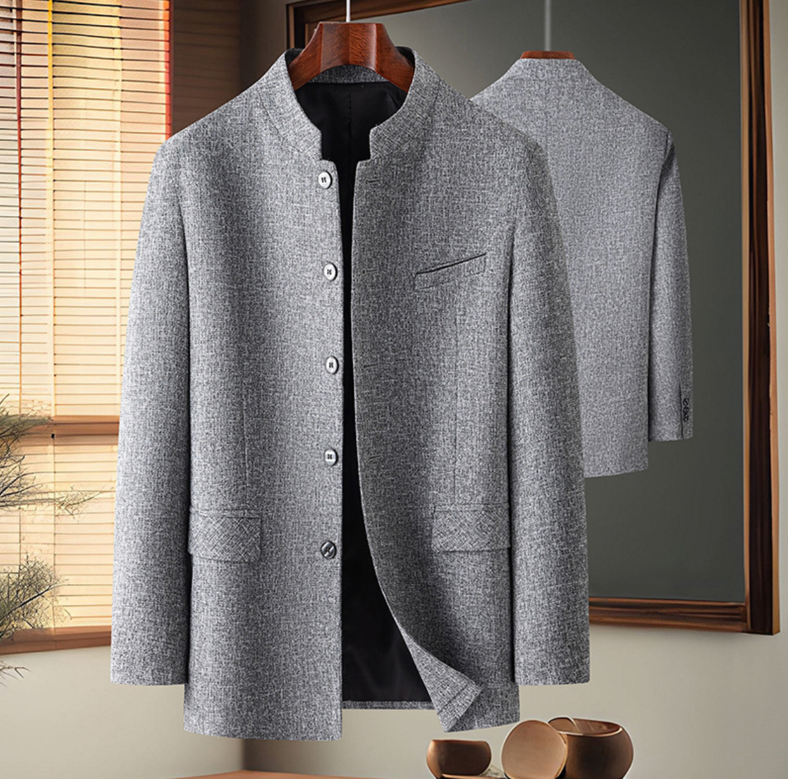 Giacca Uomo Slim Fit con Collo alla Coreana – Design Pulito e Versatile