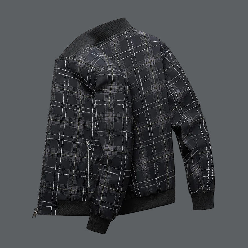 Giacca Bomber Uomo a Quadri con Zip Frontale e Finiture a Costine – Stile Autunnale