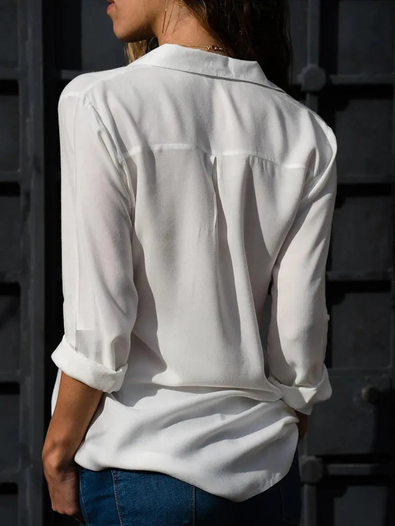 Women's Blouse with Buttons, V-Neck, Collar, Long Sleeves