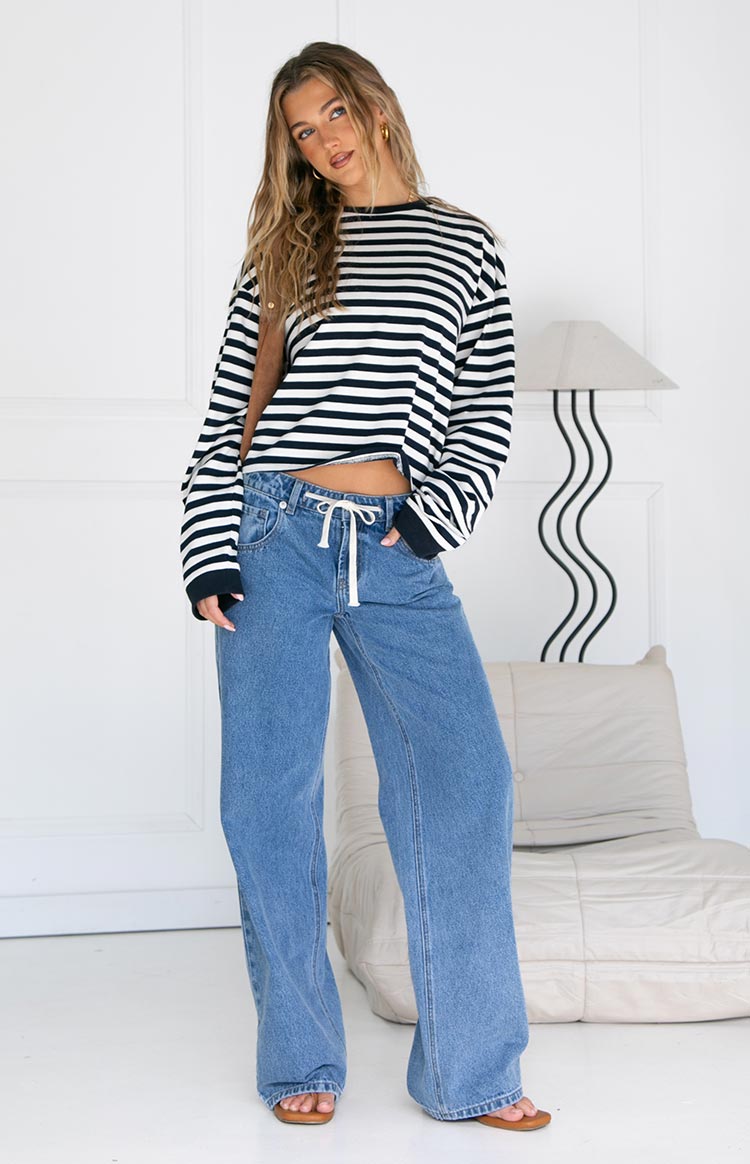 Maglia a Maniche Lunghe da Donna con Righe Blu Navy Vestibilità Ampia