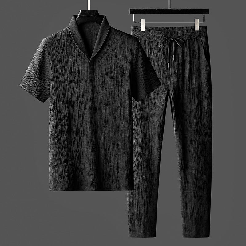Men's Summer Loungewear Set with Short-Sleeve Top, Shawl Collar, and Matching Pants