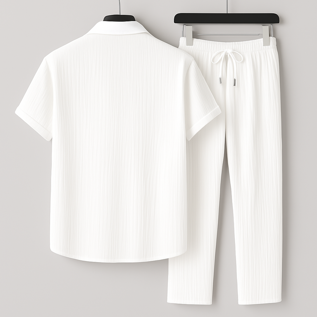 Men's Summer Linen-Style Set with Drawstring Pants and Relaxed Fit Shirt