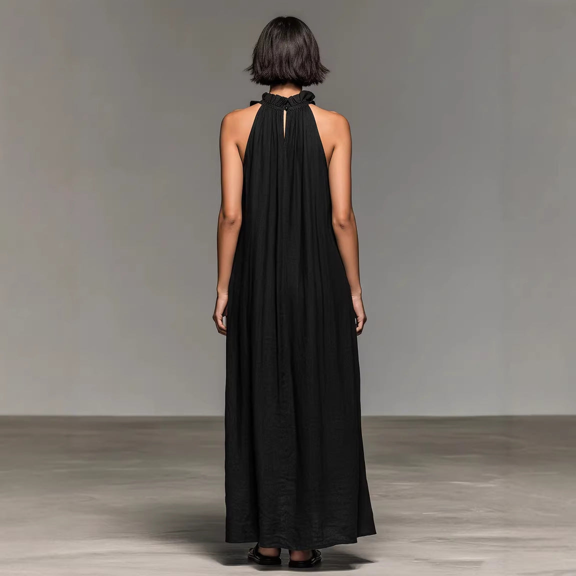 Women's Long Resort Style Dress with Halter Neck, Sleeveless, Ruffle Trim – Silk Effect