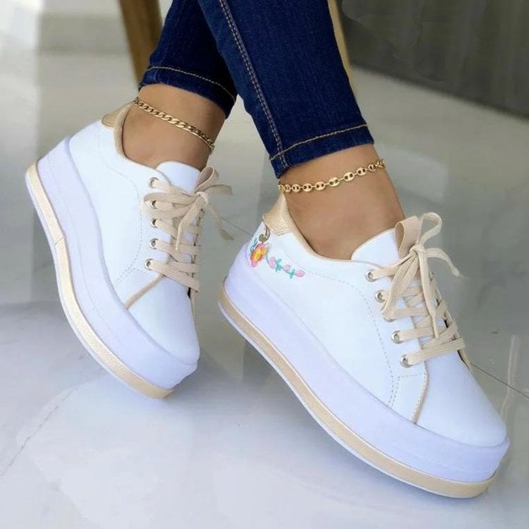 Women's Sneakers with Platform, Floral Embroidery, Round Toe, and Laces