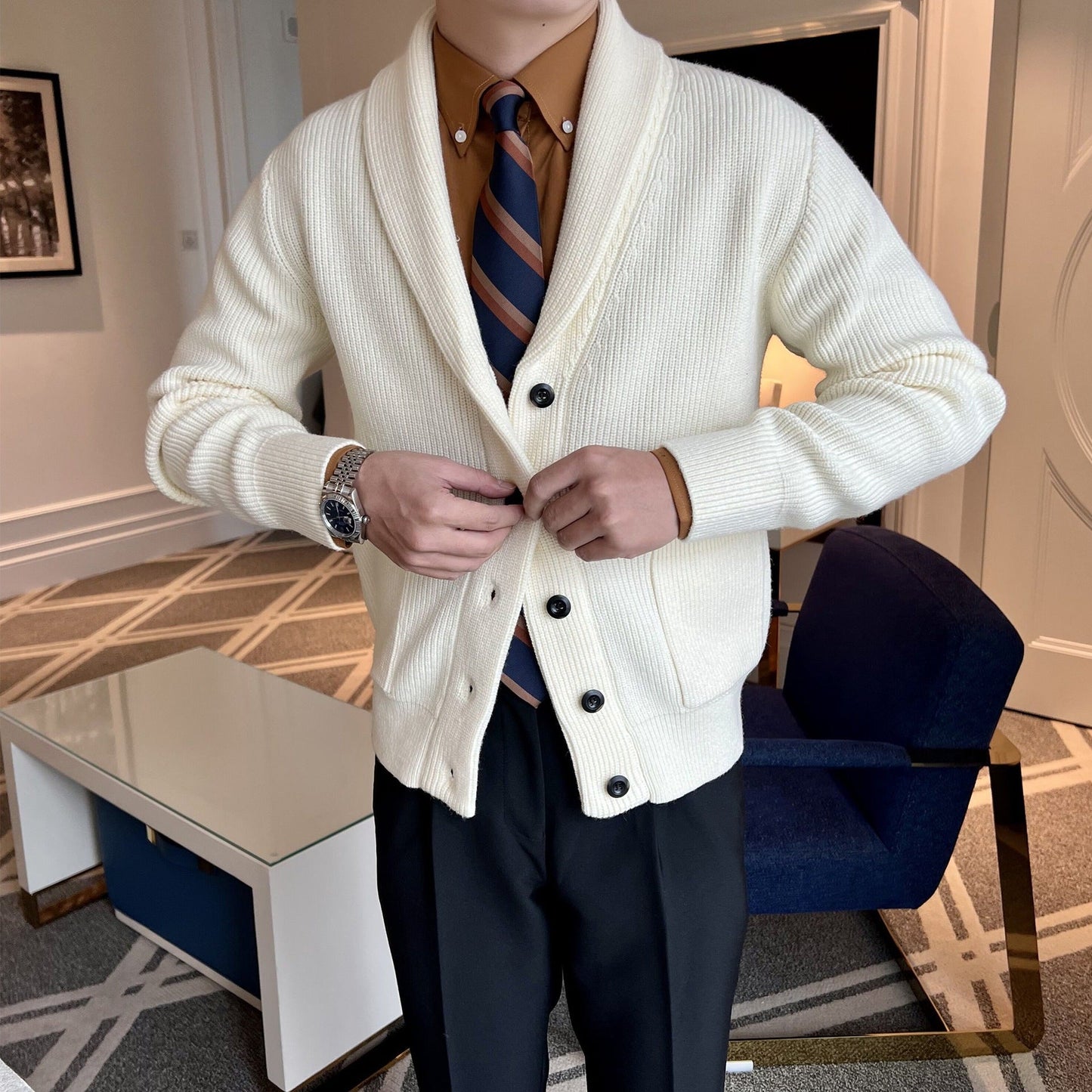 Men's Winter Cardigan with V-Neck and Slim Fit