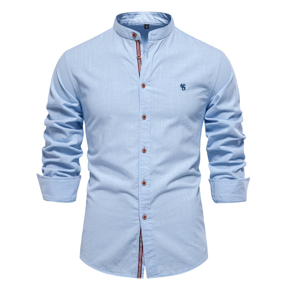 Camisa de verano para hombre de mezcla de algodón y lino, con cuello mao y mangas largas.