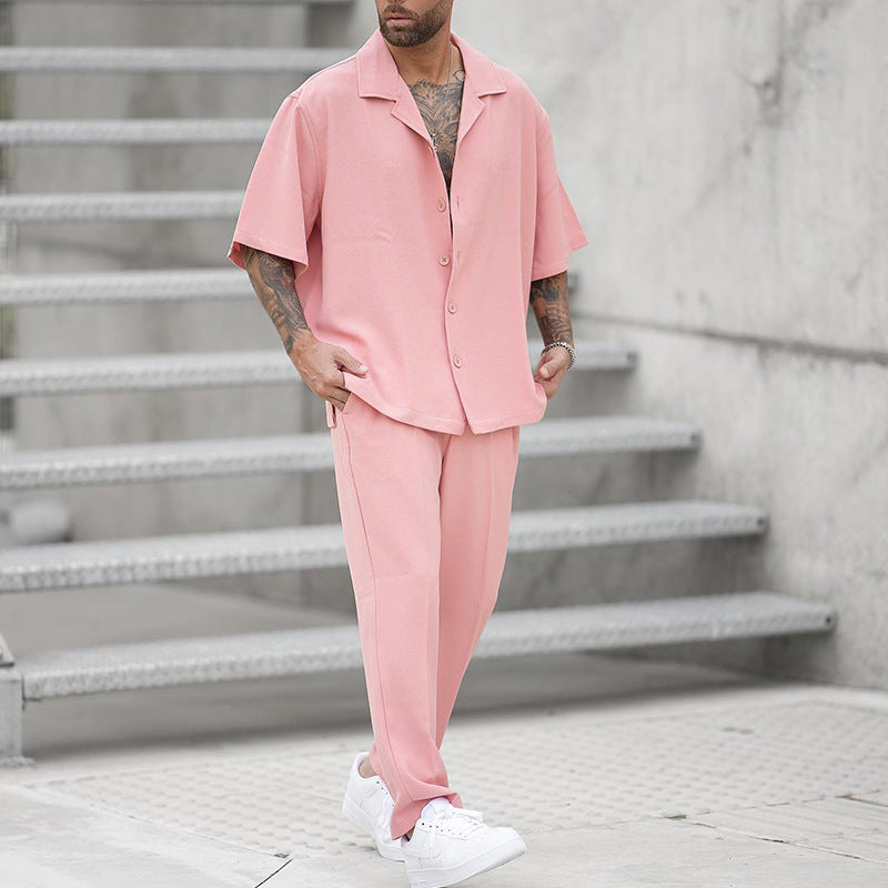 Men's Summer Two-Piece Set with Short-Sleeve Shirt and Pants – Solid Color Casual Set