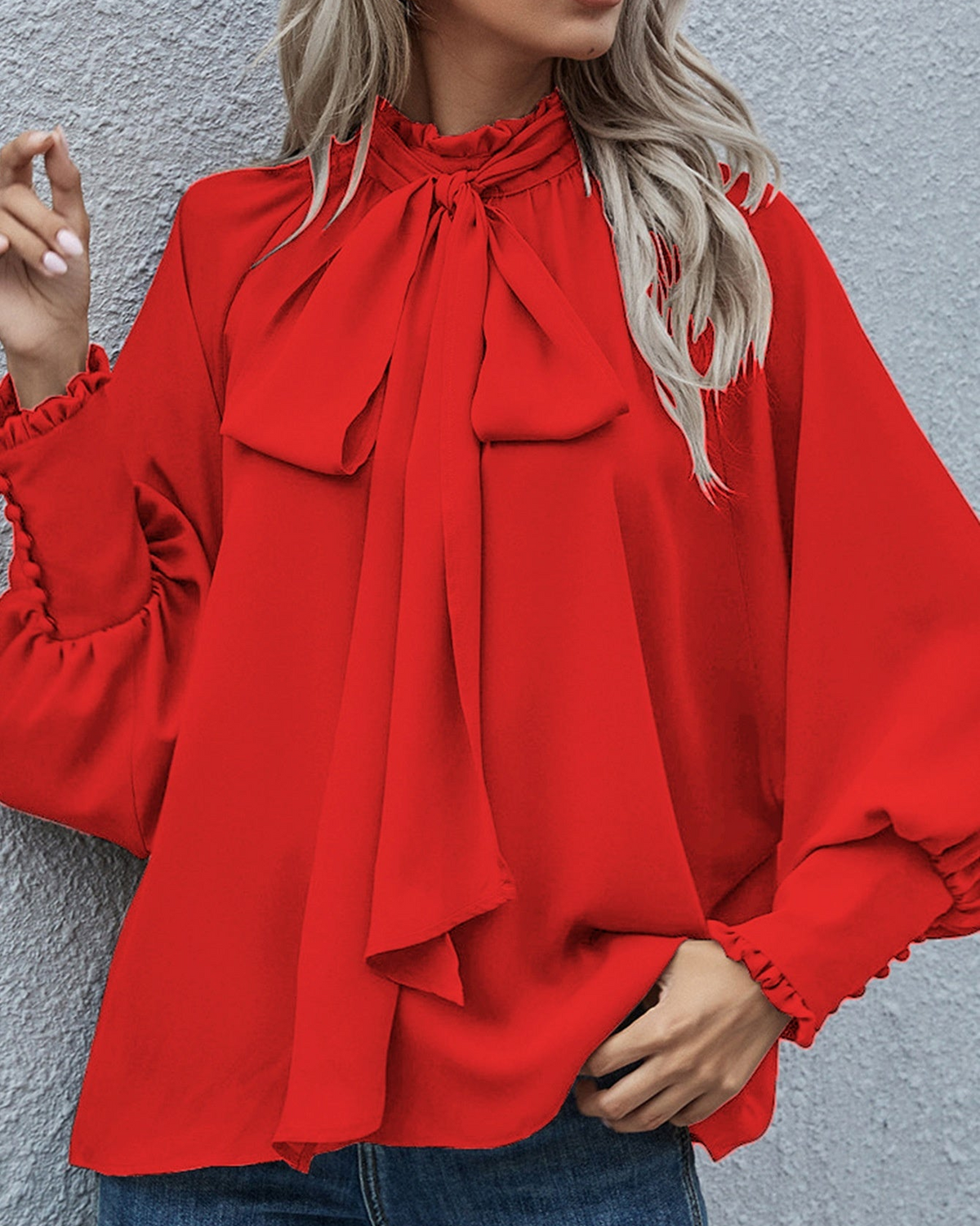 Women's Long-Sleeve Blouse with Tie and Puff Sleeves