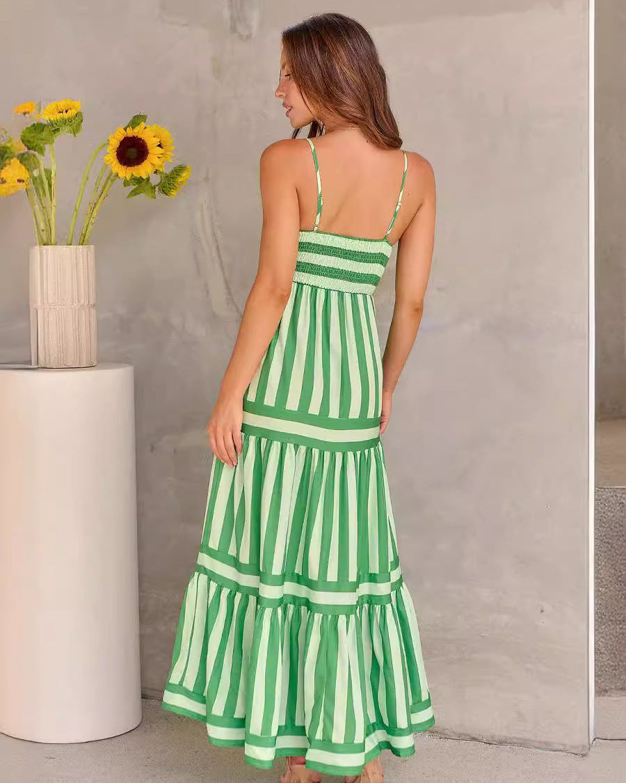 Abito Lungo Estivo Donna a Righe Scollo Quadrato Schiena Scoperta con Tasche