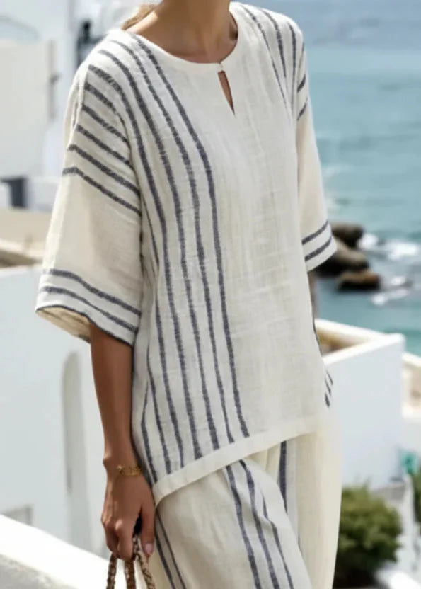 Women's Summer Two-Piece Set Linen Blend with Sleeveless Striped Top and Comfortable Pants