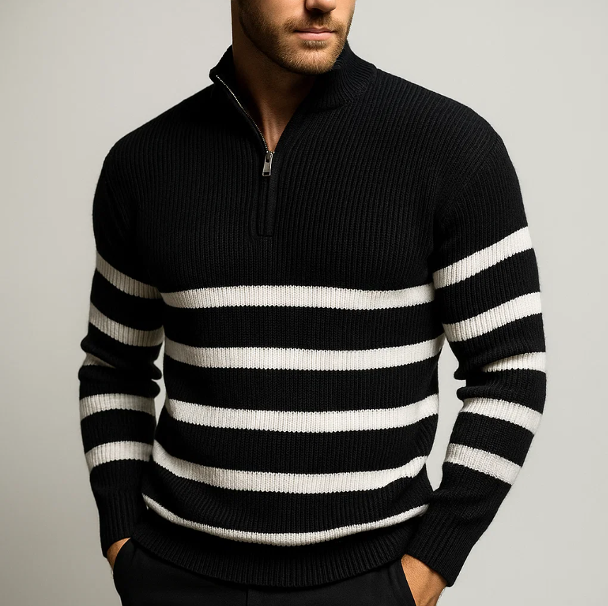Herresweater med lynlås, stribet mønster på ribstrik og høj koreansk krave – Style sweater