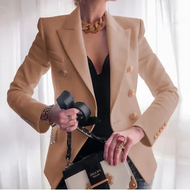 Women's double-breasted fall blazer with gold buttons and a slim fit