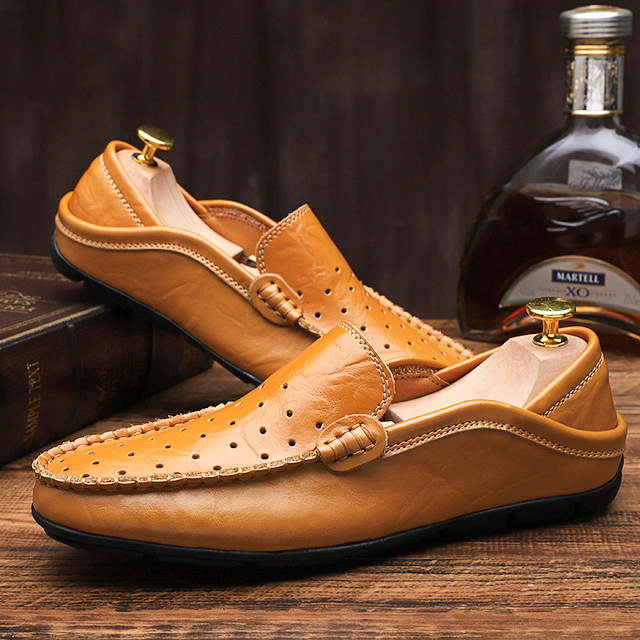 Men's Summer Black Leather Loafers with Perforations and Anti-Shock Sole