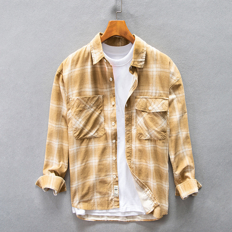 Camisa de hombre de otoño a cuadros de algodón, corte holgado y manga larga.