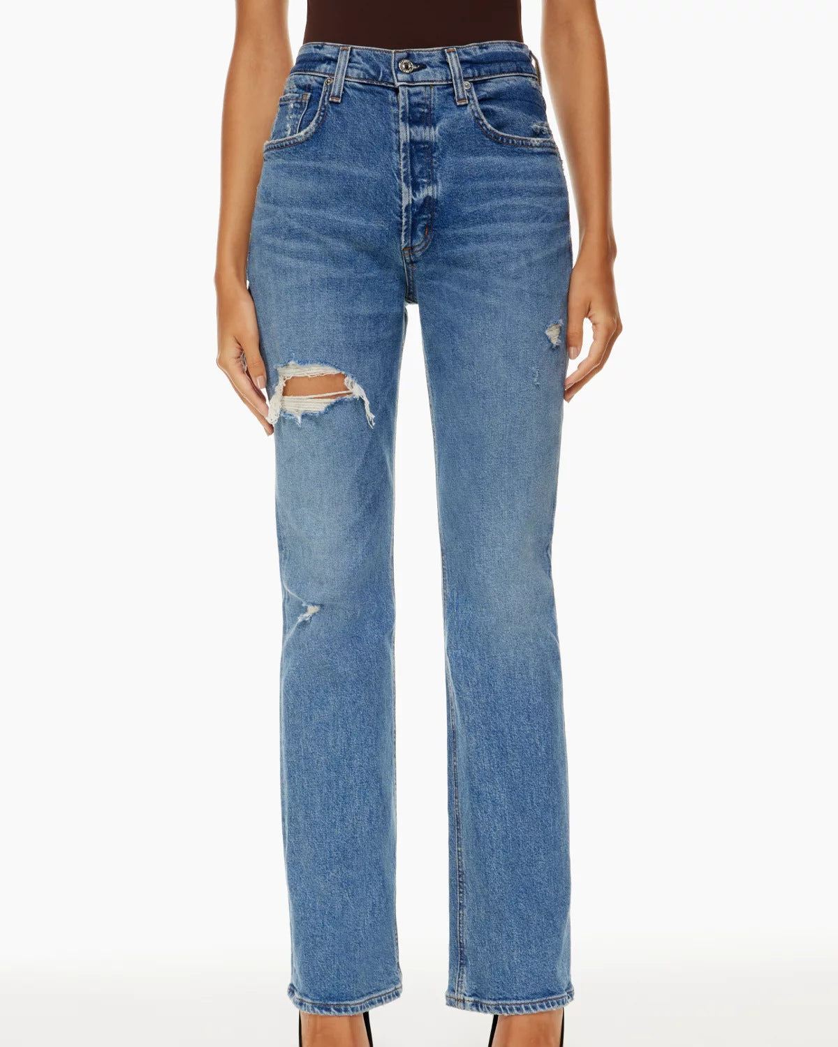 Women's High-Waisted Straight-Leg Denim Jeans with Rips
