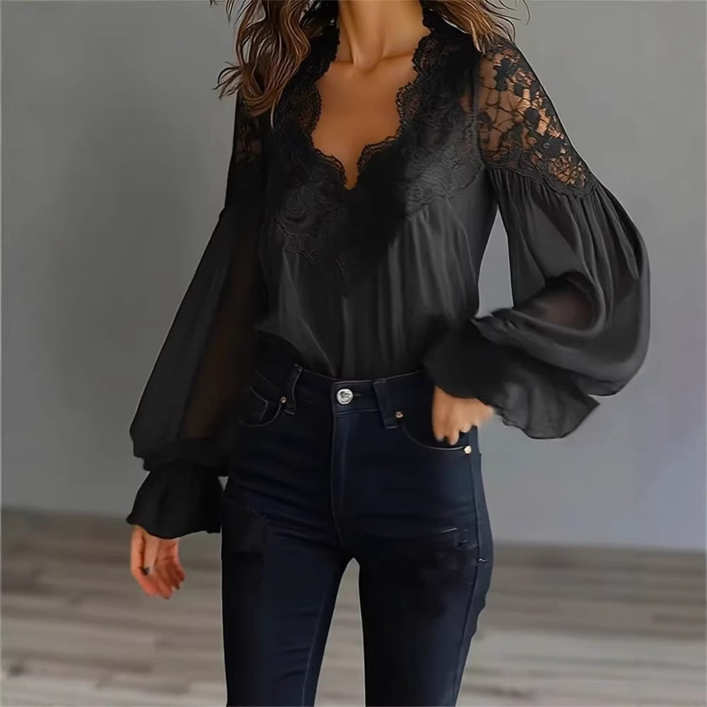 Women's Long Sleeve Shirt with Lace Insert and Ruffles on the Shoulders