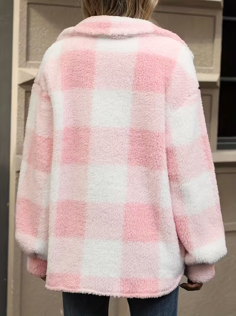 Giacca Donna in Pile a Quadri con Bottoni – Stile Autunnale