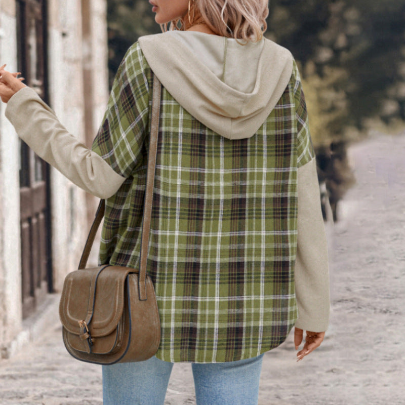 Camicia da Donna a Maniche Lunghe a Quadri Verdi con Maniche Regolari e Vestibilità Larga