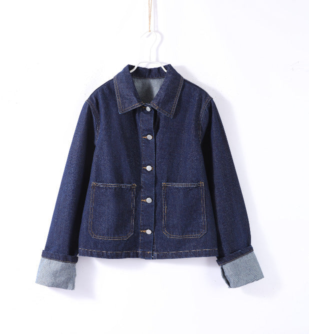 Women's Short Denim Jacket with Polo Collar and Button Closure