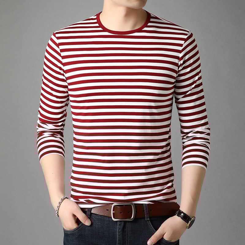 Men's Long Sleeve Shirt with Round Neck and Striped Pattern