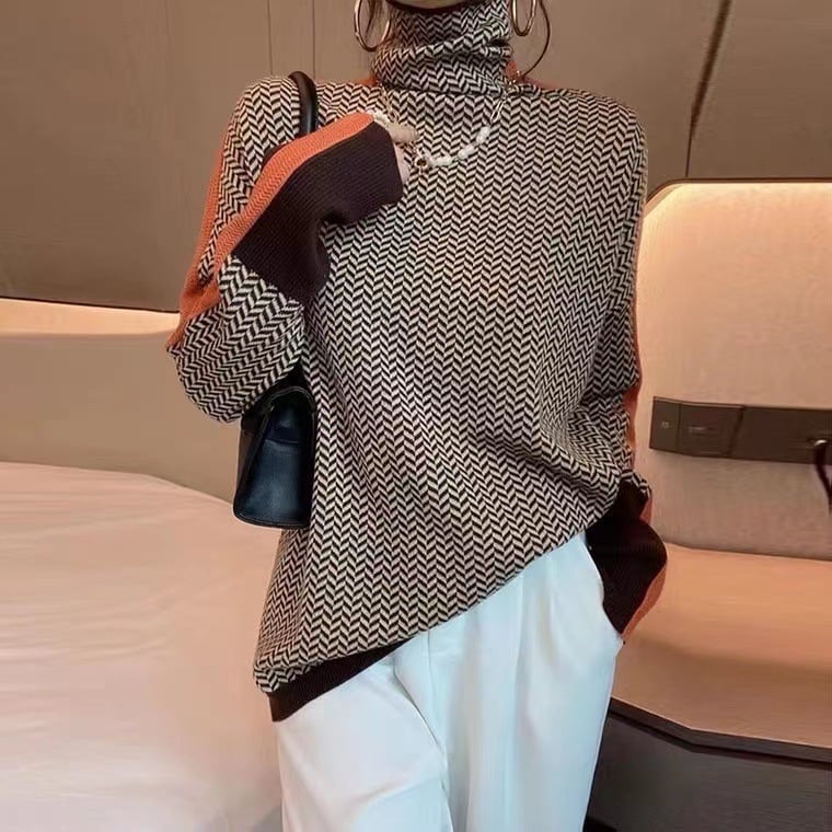 Maglione Da Donna a Collo Alto E Maniche Lunghe Con Motivo Pied de Poule