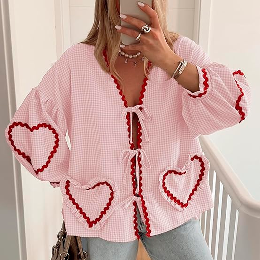 Women's Spring Shirt Loose Fit Heart-Shaped Pockets