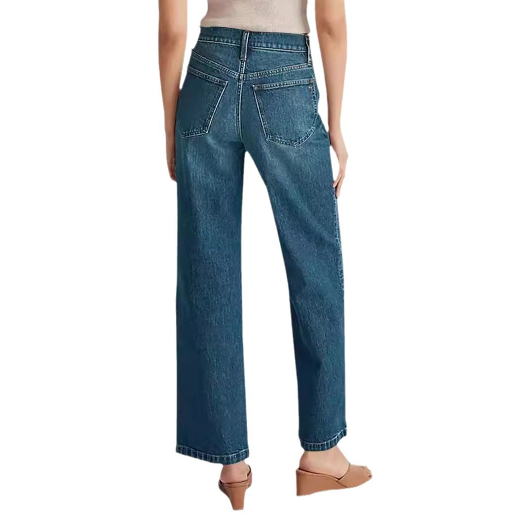 Women's High-Waisted Wide-Leg Jeans with Ripped Design and Square Pockets