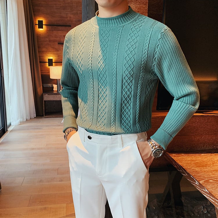 Jersey de otoño para hombre con cuello alto medio, ajuste slim, tejido grueso
