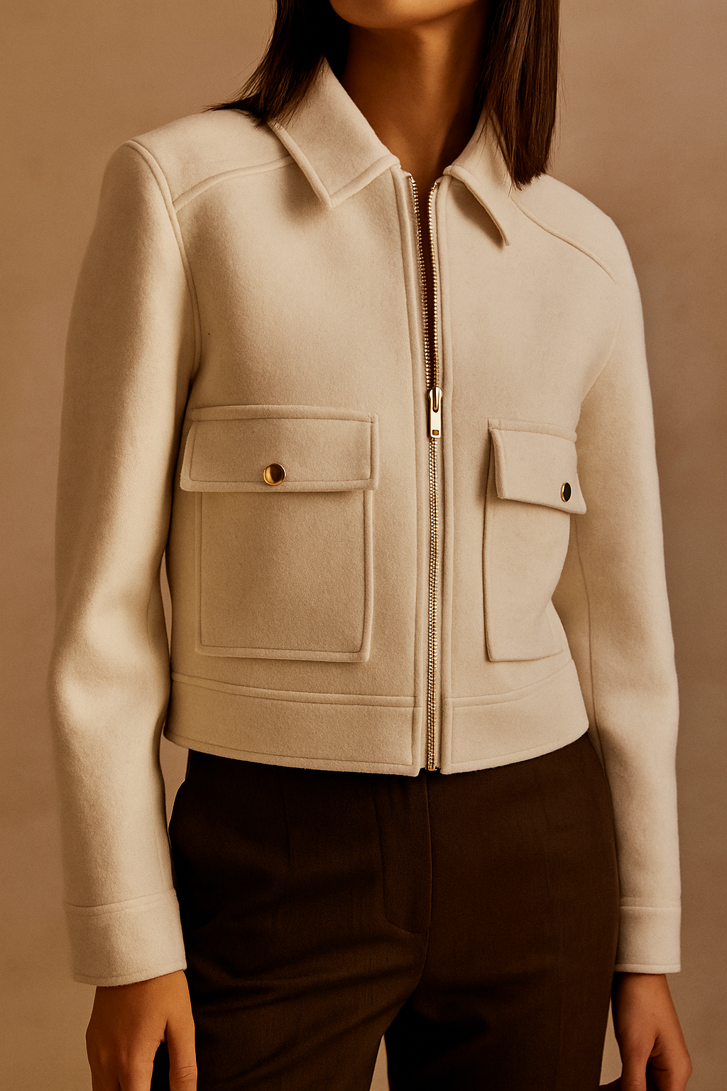 Women's Short Jacket with Zip and Utility Pockets – Functional Design