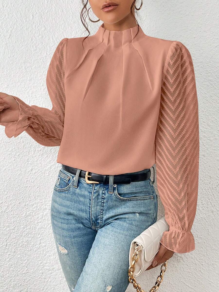 Blusa Donna Primaverile Maniche Plissettate Taglio Svasato