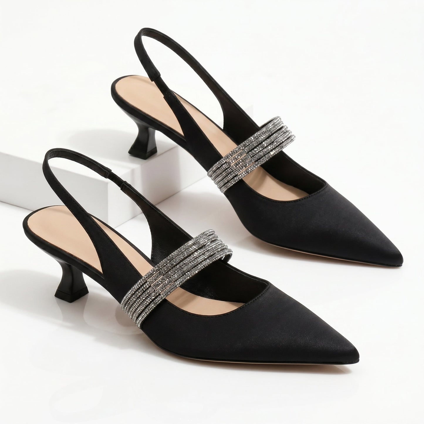 Décolleté Slingback Donna con Punta Affusolata, Tacco Basso e Cinturino con Strass – Décolleté Eleganti