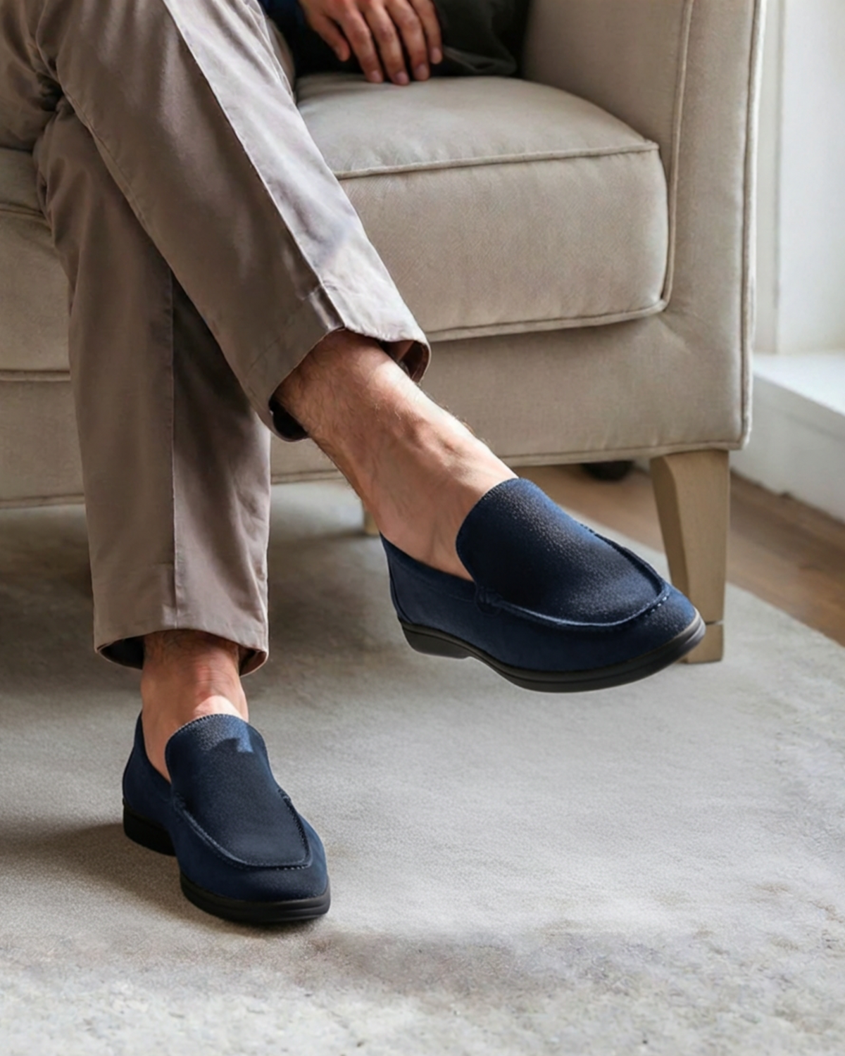 Men’s suede loafers with contrasting black soles and a slip-on design