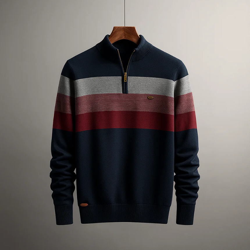 Men's Cotton Blend Sweater with Half Zip and Striped Details – Cotton Blend