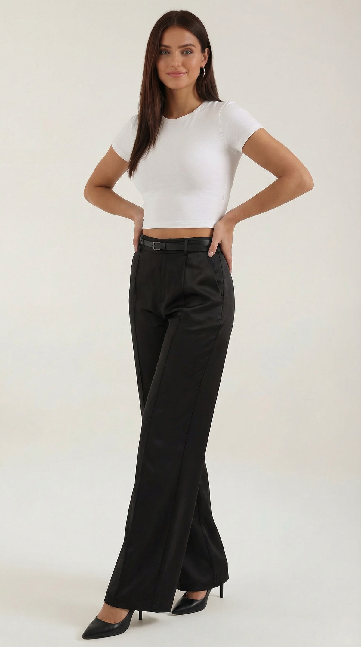 Women's Wide-Leg Pleated Pants with a Matching Belt and Straight Silhouette.