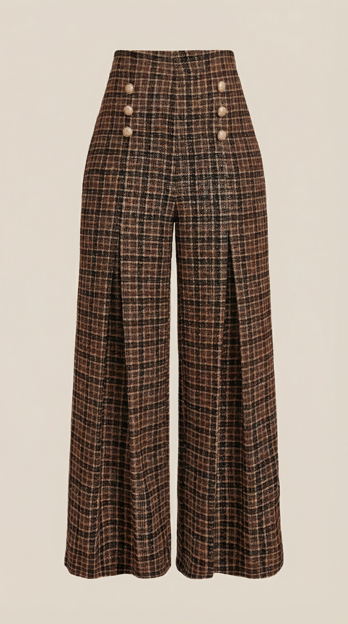 Pantalones de mujer de cintura alta y pierna ancha, con estampado de cuadros de estilo retro.