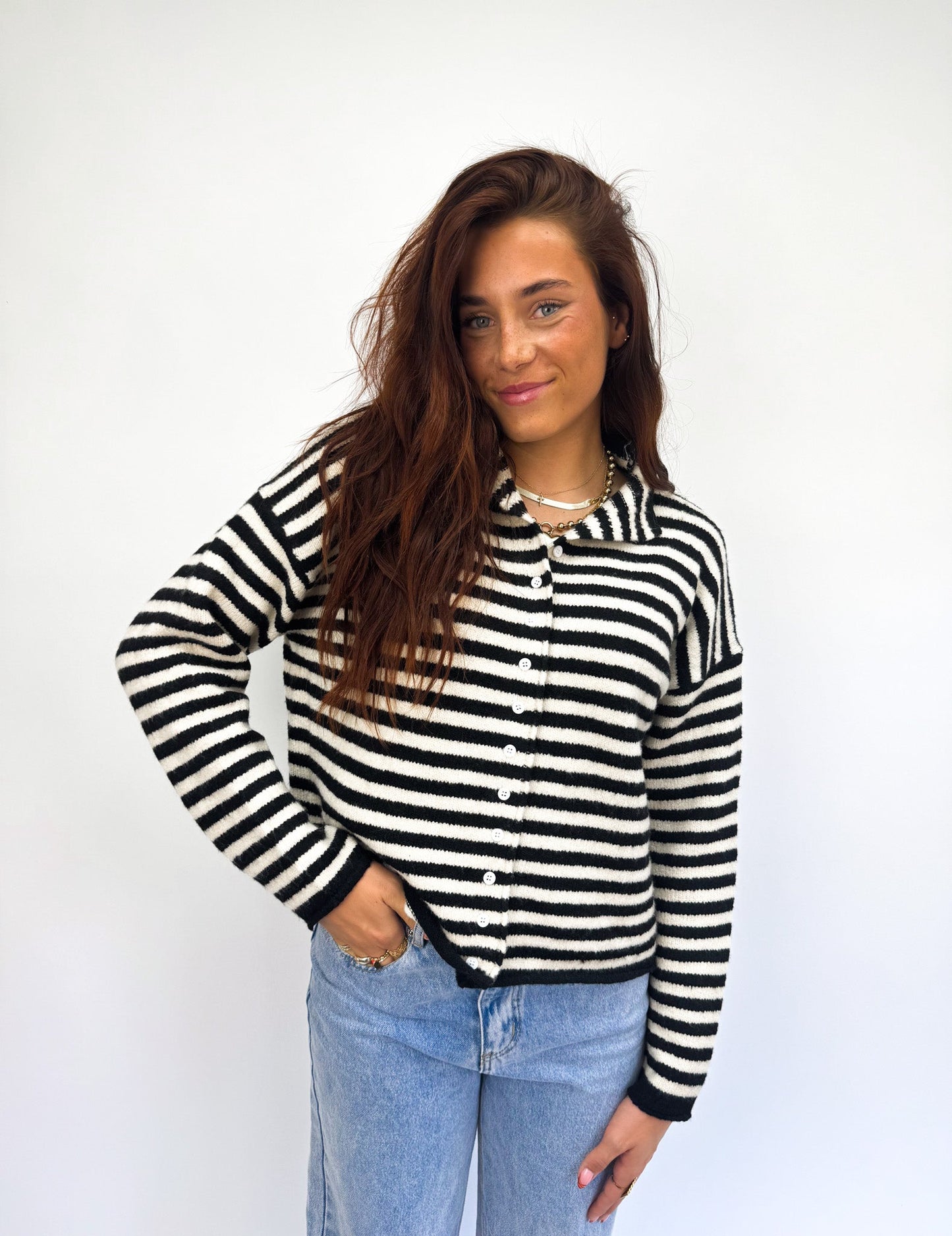 Women's Knit Cardigan White with Black Stripes and Button Closure